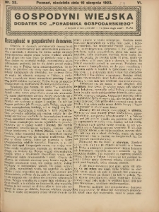 Gospodyni Wiejska: dodatek do &bdquo;Poradnika Gospodarskiego&rdquo; 1923.08.19 R.6 Nr33