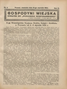 Gospodyni Wiejska: dodatek do &bdquo;Poradnika Gospodarskiego&rdquo; 1924.01.13 R.9 Nr2