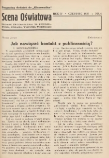 Scena Oświatowa: drobne urozmaicenia na przedstawienia, zebrania, wycieczki oraz obozy KSM: bezpłatny dodatek do Kierownika Stowarzyszeń Młodzieży 1937. R.4 Nr6