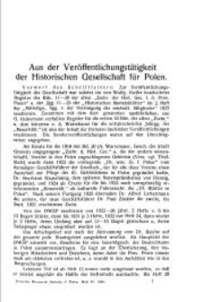 Aus der Veröffentlichungstätigkeit der Historischen Gesellschaft für Polen. Der bisherige Inhalt der "Deutschen wissenschaftl. Zeitschrift für Polen" (Heft 1-28)