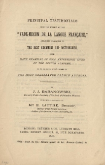 [Prospekt] Principal Testimonials upon the Utility of the "Vade-Mecum de la langue Francaise", arranged according [...]