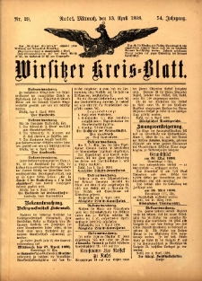 Wirsitzer Kreis-Blatt: herausgegeben vom Königlichen Landraths-Amte 1898.04.13 Jg.54 Nr29