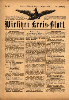 Wirsitzer Kreis-Blatt: herausgegeben vom Königlichen Landraths-Amte 1898.08.31 Jg.54 Nr69