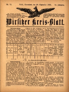 Wirsitzer Kreis-Blatt: herausgegeben vom Königlichen Landraths-Amte 1898.09.10 Jg.54 Nr72