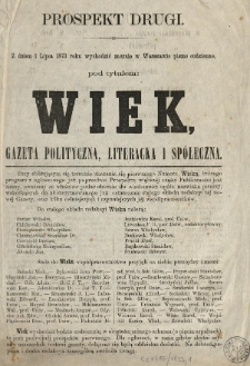 Wiek : gazeta polityczna, literacka i spółeczna . 1873 Prospekt