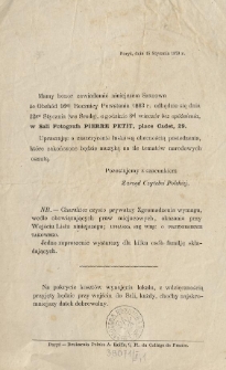[Zaproszenie Inc.:] "Mamy honor zawiadomić niniejszem Szanown... że obchód 16ej Rocznicy Powstania 1863 r. odbędzie się dnia ..."
