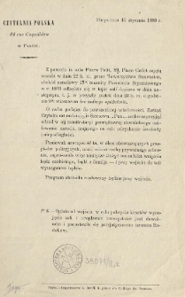 [Zaproszenie Inc.:] "Z powodu iż sala Pierre Petit, 29, Place Cadet zajętą została w dniu 22 b. m. przez Towarzystwo ..."