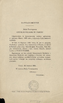 Zawiadomienie : Rada Towarzystwa Czytelni Polskiej w Paryżu