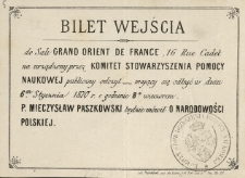 Bilet wejścia do Sali Grand Orient de France, 16 Rue Cadet na urządzony przez Komitet Stowarzyszenia Pomocy Naukowej publiczny odczyt [...]