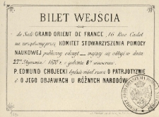 Bilet wejścia do Sali Grand Orient de France, 16 Rue Cadet na urządzony przez Komitet Stowarzyszenia Pomocy Naukowej publiczny odczyt [...]