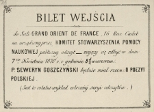 Bilet wejścia do Sali Grand Orient de France, 16 Rue Cadet na urządzony przez Komitet Stowarzyszenia Pomocy Naukowej publiczny odczyt [...]