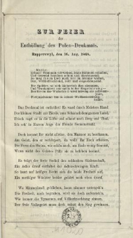 Zur feier der enthüllung des Polen-Denkmals, Rapperswyl, den. 16 Aug. 1868