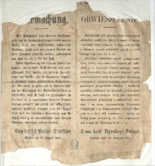 Kundmachung. [Inc.:] Bei Gelegenheit [...] = Obwieszczenie. [Inc.:] Kilkakrotnie już [...]