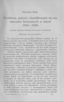 Produkcja, zużycie i kształtowanie się cen nawozów fabrycznych w 1924-1928