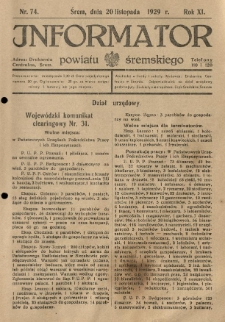 Informator Powiatu Śremskiego. 1929.11.20 R.11 Nr 74