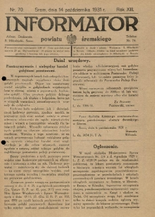 Informator Powiatu Śremskiego. 1931.10.14 R.13 Nr 70