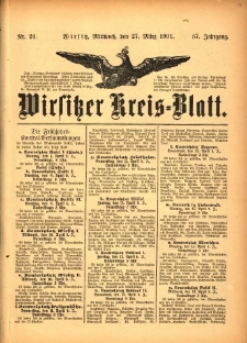 Wirsitzer Kreis-Blatt: herausgegeben vom Königlichen Landraths-Amte 1901.03.27 Jg.57 Nr24