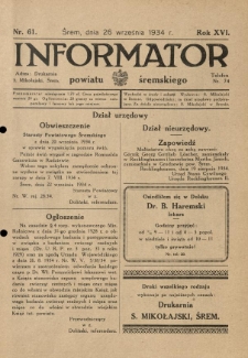 Informator Powiatu Śremskiego. 1934.09.26 R.16 Nr 61