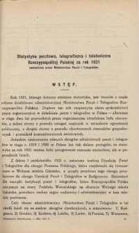 Statystyka pocztowa, telegraficzna i telefoniczna Rzeczypospolitej Polskiej za rok 1921 zestawiona przez Ministerstwo Poczt i Telegrafów