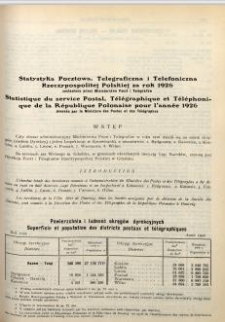 Statystyka pocztowa, telegraficzna i telefoniczna Rzeczypospolitej Polskiej za rok 1926 zestawiona przez Ministerstwo Poczt i Telegrafów