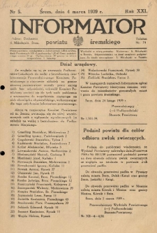 Informator Powiatu Śremskiego. 1939.03.04 R.21 Nr 5