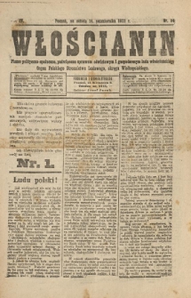 Włościanin : pismo polityczno-społeczne, poświęcone sprawom oświatowym i gospodarczym ludu włościańskiego. Organ Polskiego Stronnictwa Ludowego, okręgu Wielkopolskiego. 1922.10.14 R.4 Nr 54
