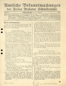 Amtliche Bekanntmachungen der Freien Pr&auml;latur Schneidem&uuml;hl. 1937.08.24 St&uuml;ck 9