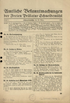 Amtliche Bekanntmachungen der Freien Pr&auml;latur Schneidem&uuml;hl. 1938.03.30 St&uuml;ck 4