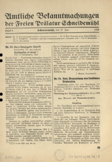 Amtliche Bekanntmachungen der Freien Pr&auml;latur Schneidem&uuml;hl. 1938.07.27 St&uuml;ck 8