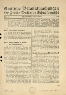 Amtliche Bekanntmachungen der Freien Pr&auml;latur Schneidem&uuml;hl. 1938.10.13 St&uuml;ck 11