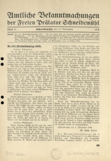Amtliche Bekanntmachungen der Freien Pr&auml;latur Schneidem&uuml;hl. 1938.11.14 St&uuml;ck 12