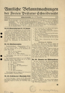 Amtliche Bekanntmachungen der Freien Pr&auml;latur Schneidem&uuml;hl. 1939.12.19 St&uuml;ck 14