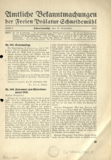 Amtliche Bekanntmachungen der Freien Pr&auml;latur Schneidem&uuml;hl. 1941.09.18 St&uuml;ck 9