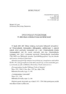 Dwa unikaty wiedeńskie w zbiorach Biblioteki Kórnickiej. Pamiętnik Biblioteki Kórnickiej. Z.40