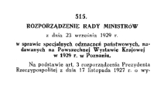 Rozporządzenie Rady Ministrów z dnia 23 września 1929 r. w sprawie specjalnych odznaczeń państwowych, nadawanych na Powszechnej Wystawie Krajowej w 1929 r. w Poznaniu