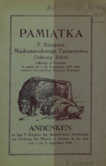 Pamiątka V. Kongresu Międzynarodowego Towarzystwa Ochrony Żubra odbytego w Poznaniu w czasie od 1. do 3. września 1929 roku podczas Powszechnej Wystawy Krajowej