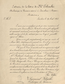 [List] Esctrain de la lettre de Mgr Felinski archevèque de Varsovie, interné à Jaroslaw (Russie) (Traduction)
