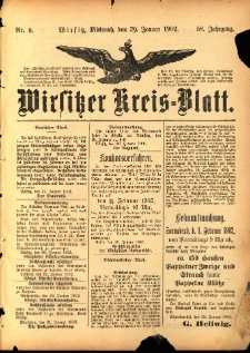 Wirsitzer Kreis-Blatt: herausgegeben vom Königlichen Landraths-Amte 1902.01.29 Jg.58 Nr9
