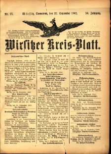 Wirsitzer Kreis-Blatt: herausgegeben vom Königlichen Landraths-Amte 1902.09.27 Jg.58 Nr77