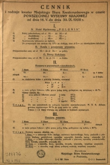 Cennik i rodzaje kwater Miejskiego Biura Kwaterunkowego w czasie Powszechnej Wystawy Krajowej od dnia 16.V. do dnia 30.IX.1929 r.