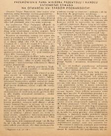 Przemówienie Pana Ministra Przemysłu i Handlu Antoniego Romana na otwarciu XVI Targów Poznańskich