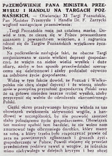 Przemówienie Pana Ministra Przemysłu i Handlu na Targach Poznańskich. Otwarcie XI Międzynarodowych targów w Poznaniu