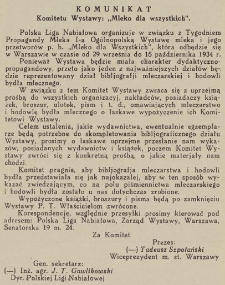Komunikat Komitetu Wystawy: "Mleko dla wszystkich"