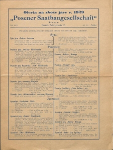 Oferta na zboże jare r. 1929 "Posener Saatbaugesellschaft" T. z o. p. Poznań, Zwierzyniecka 13 : [Incipit:] Pod zasiew wiosenny polecamy następujace odmiany zbóż siewnych wzgl. ziemniaków: Żyto: Żyto jare "Petkus" Lochowa [...]