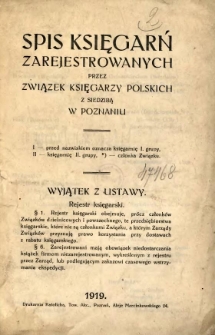 Spis księgarń zarejestrowanych przez Związek Księgarzy Polskich z siedzibą w Poznaniu. R. 1919