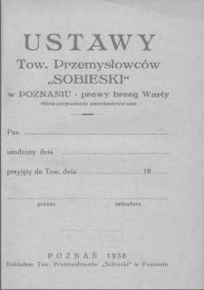 Ustawy Tow. Przemysłowców "Sobieski" w Poznaniu - prawy brzeg Warty; stowarzyszenie zarejestrowane