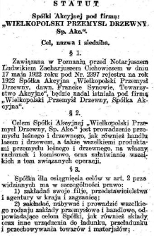 Statut Spółki Akcyjnej pod firmą: "Wielkopolski Przemysł Drzewny Sp. Akc."