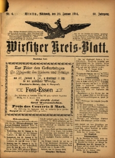 Wirsitzer Kreis-Blatt: herausgegeben vom Königlichen Landraths-Amte 1904.01.20 Jg.60 Nr6