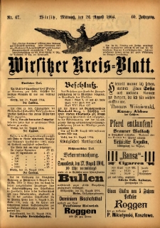 Wirsitzer Kreis-Blatt: herausgegeben vom Königlichen Landraths-Amte 1904.08.24 Jg.60 Nr67