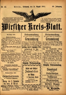 Wirsitzer Kreis-Blatt: herausgegeben vom Königlichen Landraths-Amte 1904.08.31 Jg.60 Nr69